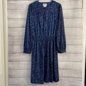 Darian Vintage Floral Dress, 1/4 Button Top, Round Neck Green/Blue  - Size: 14